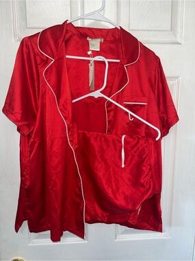 Red Satin Pajama Set with White Piping